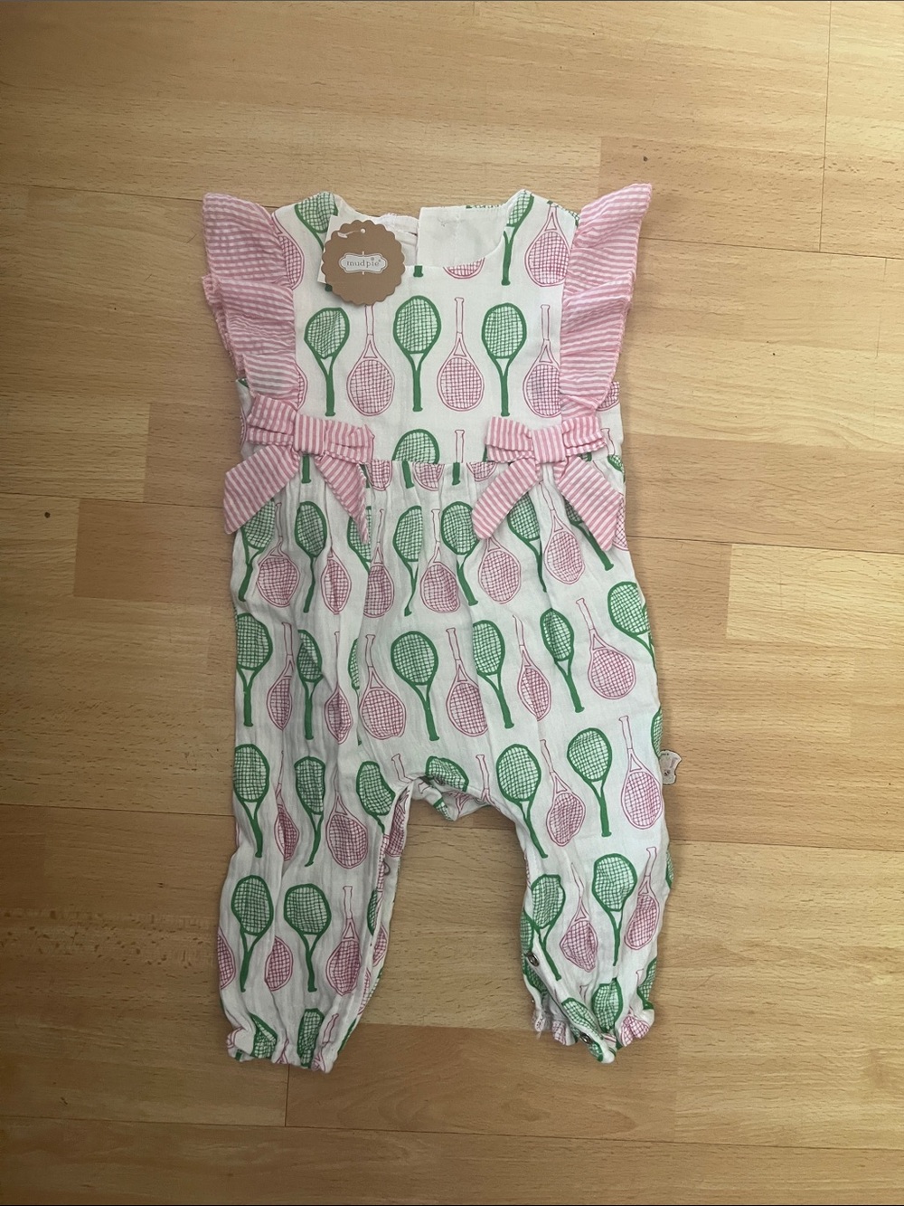 Mud Pie Pink & Green Tennis Racket Romper with Striped Ruffle Sleeves